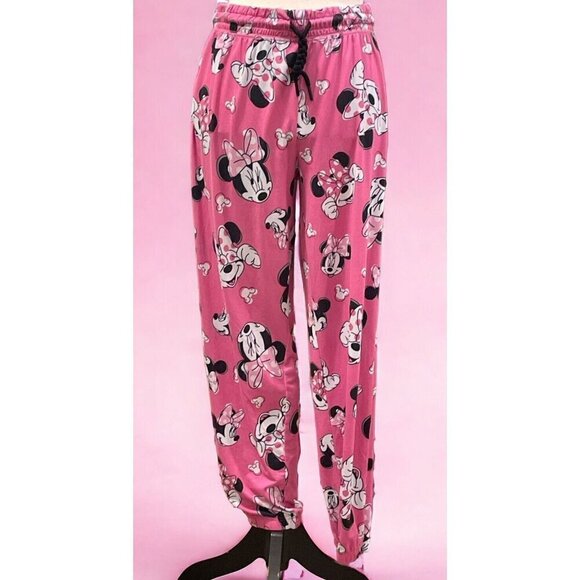 Disney Minnie Mouse Womens Jogger Sleep Pants Size M 8/10 Pink  Drawstring - Picture 2 of 16
